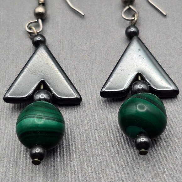 VTG Malachite & Hematite Drop Earrings 2" Sterling Silver Hook Closures - Picture 3 of 6